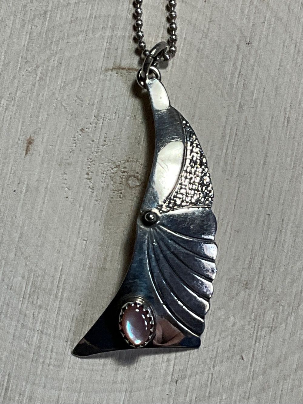 Sterling Silver Crescent Pendant Necklace with Pink MOP Cabochon Accent